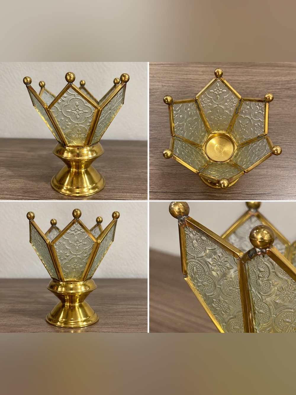 Vintage S.N.K. Brass & Embossed Glass Crown Votive Candle Holder Made in India